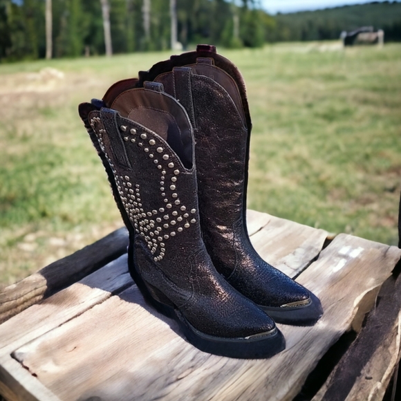 REBA Studded Metallic Bronze Leather Cowboy Boots 5.5 Biker Western Cowgirl - Picture 13 of 15